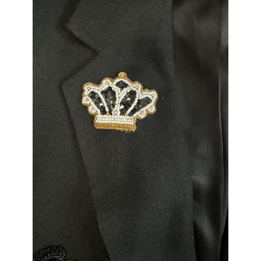 Over Qualified Blazer Womens 8 Embellished Crest Gold Braid Black Wool - Picture 6 of 11